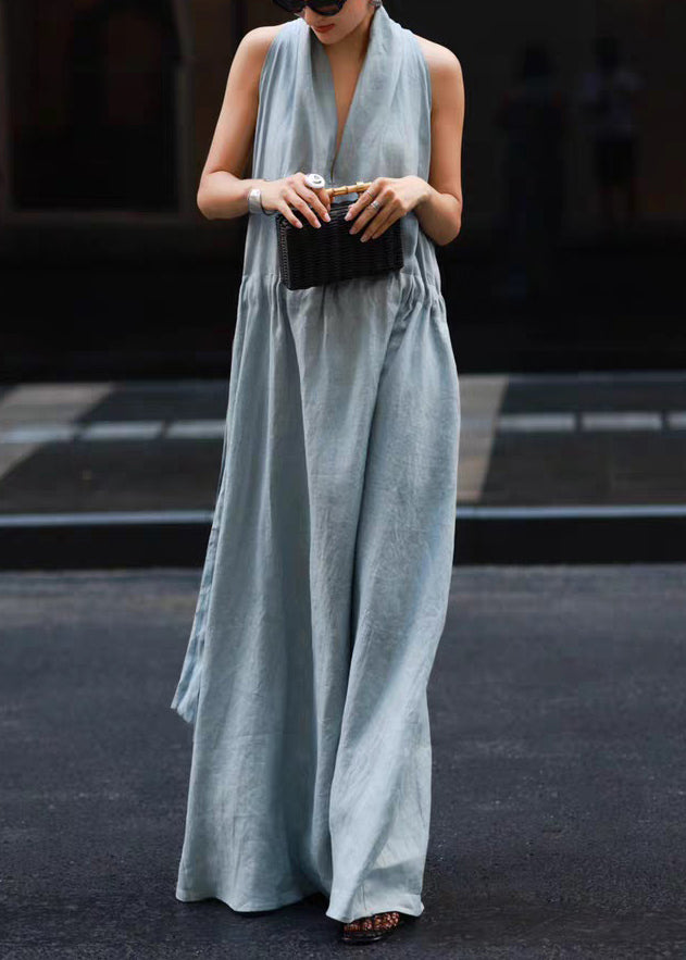 Robe Light Blue Dresses Pockets New Linen Solid Waist Tie