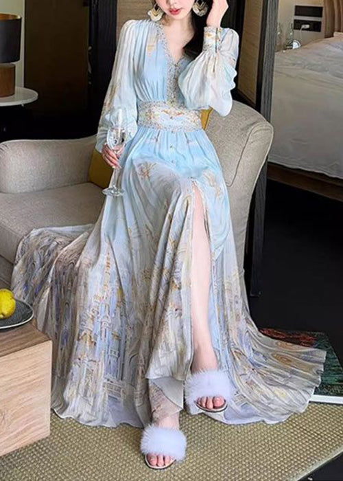 Blue Maxi Chiffon Dresses Stylish V Spring Waist High Neck Print