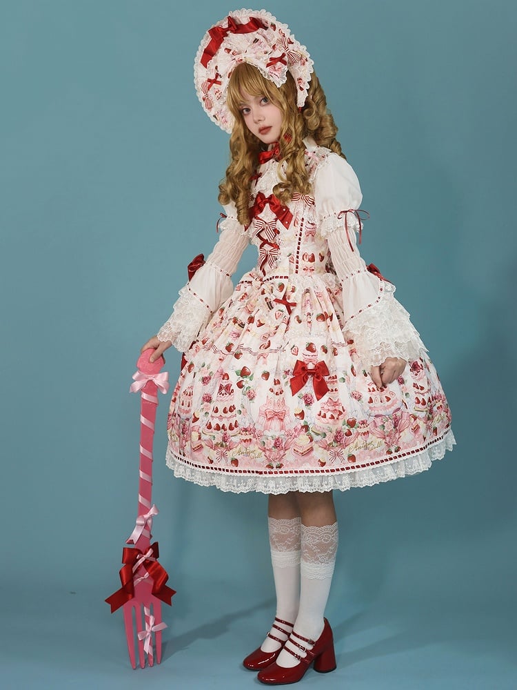 Desserts Accents Strawberry JSK and / Print Sweet Bow Lolita Full White Set