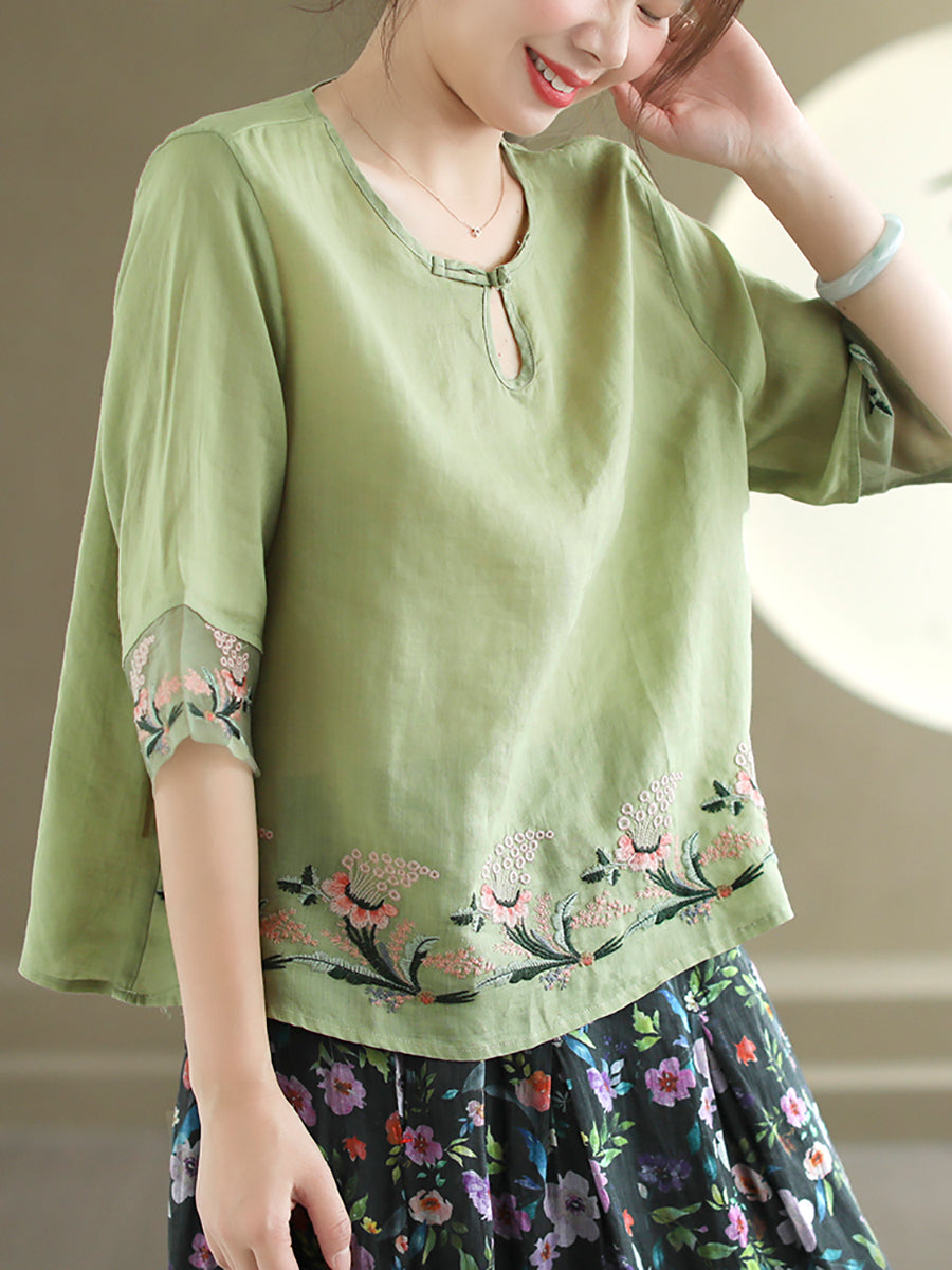 Women Summer Vintage Floral Embroidery Ramie Shirt AS1045