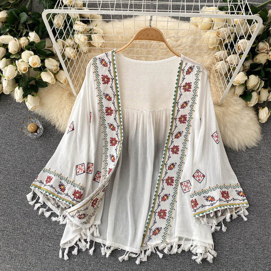 Bohemian White Embroidered Three-quarter sleeves Splicing Tassel Cardigan