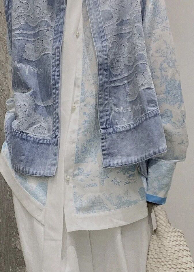 Chinese Style Blue Stand Collar Print Patchwork Low High Design Denim Waistcoat Summer NN035