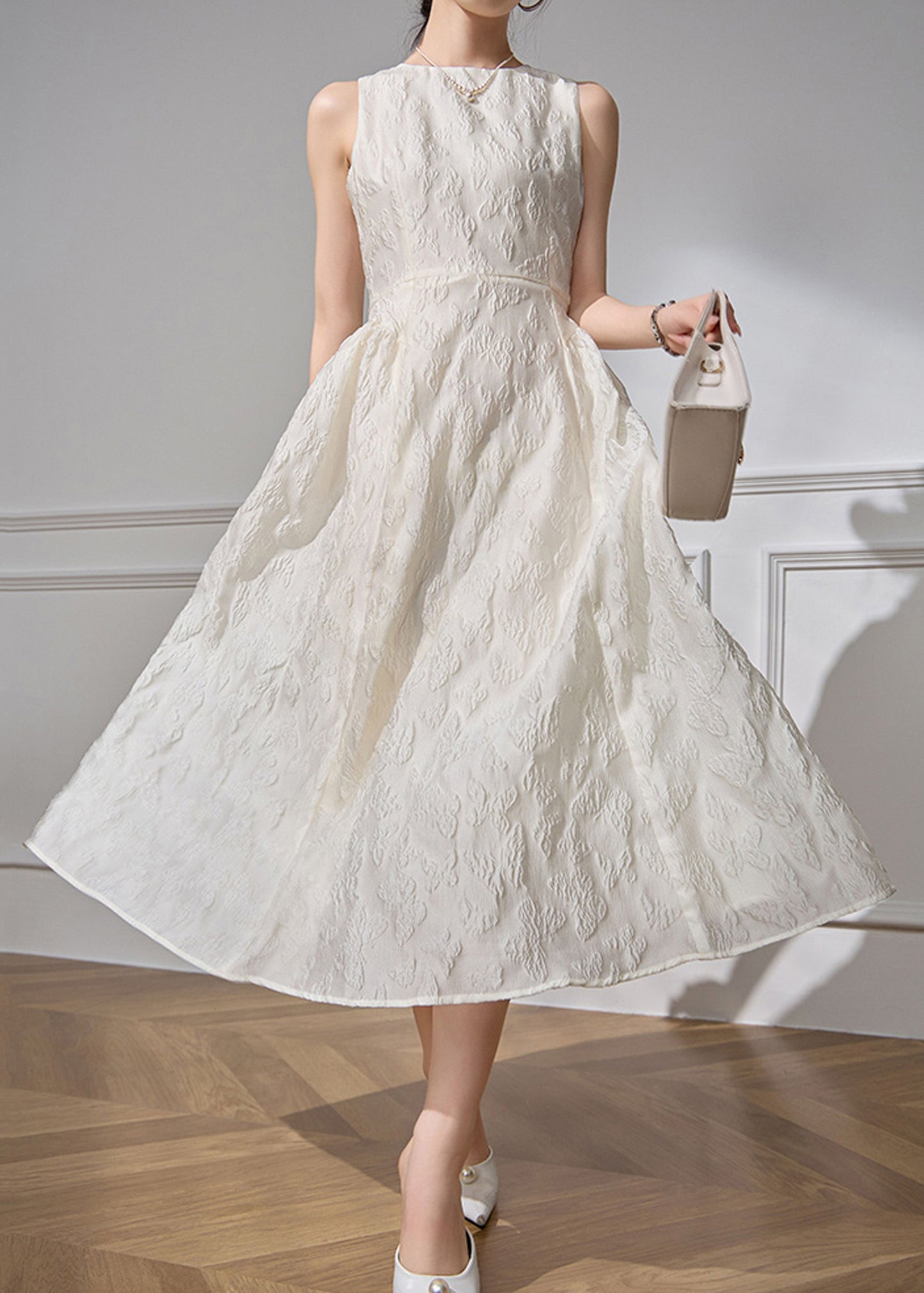 White O-Neck Dresses Cotton Long Waist High Jacquard Sleeveless