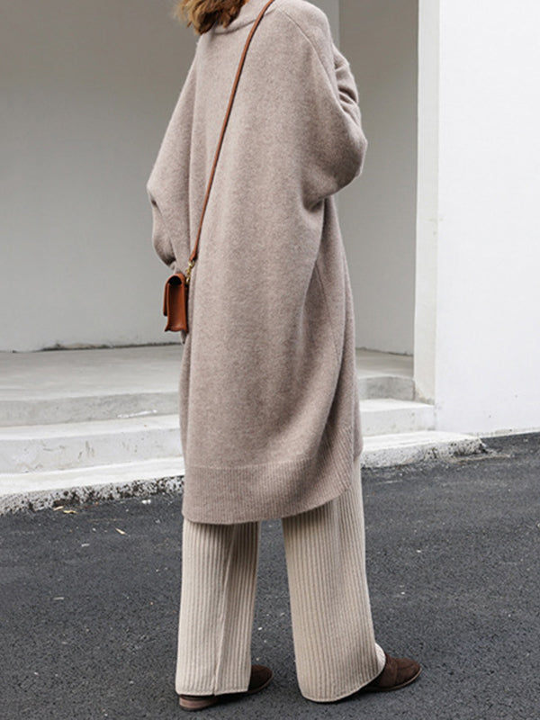 Stylish Loose Camel V-Neck Long Sleeve Sweater Dress QX006