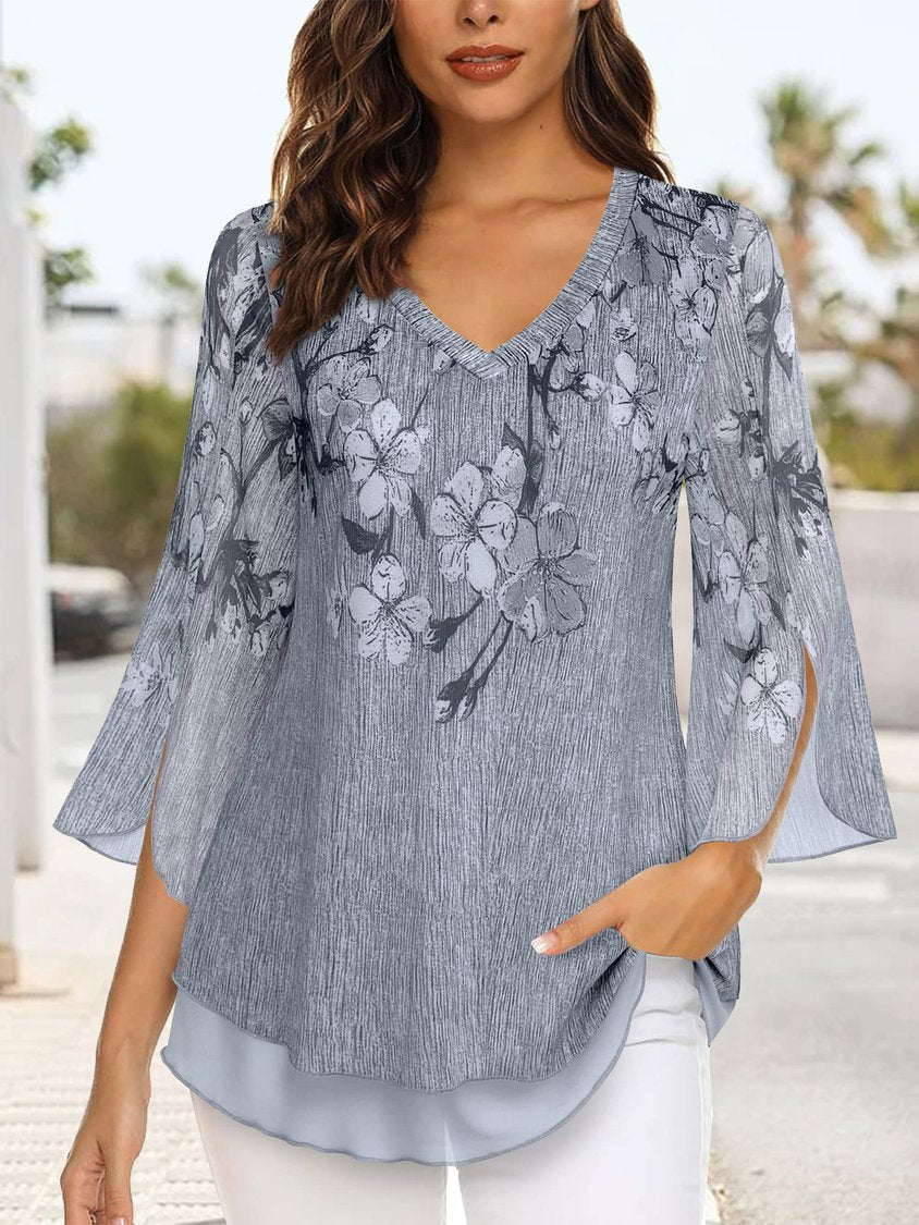 Floral Elegant Loose V Neck Shirt ap105