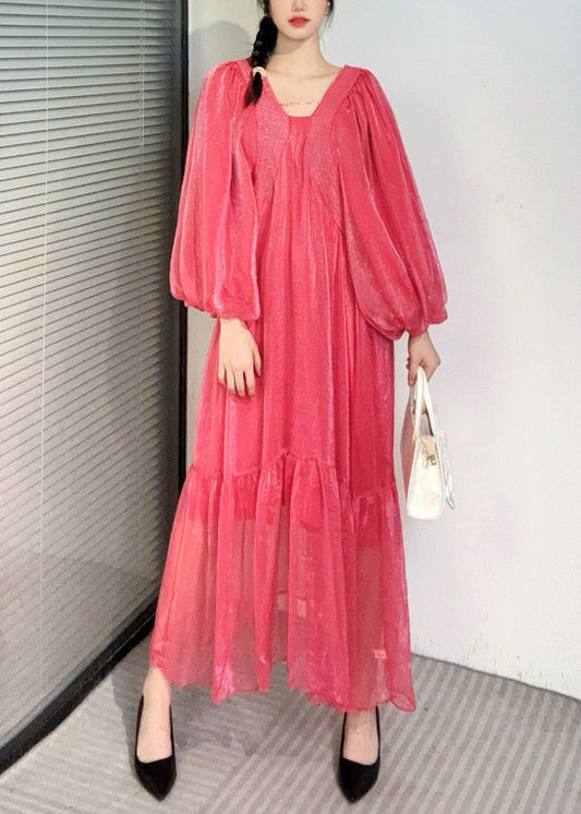 Summer New Watermelon Red V Neck Wrinkled Puff Sleeve Long Dress AO1050