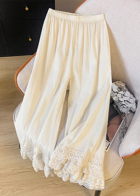Elastic Straight Unique Beige Summer Waist Pants Patchwork Lace