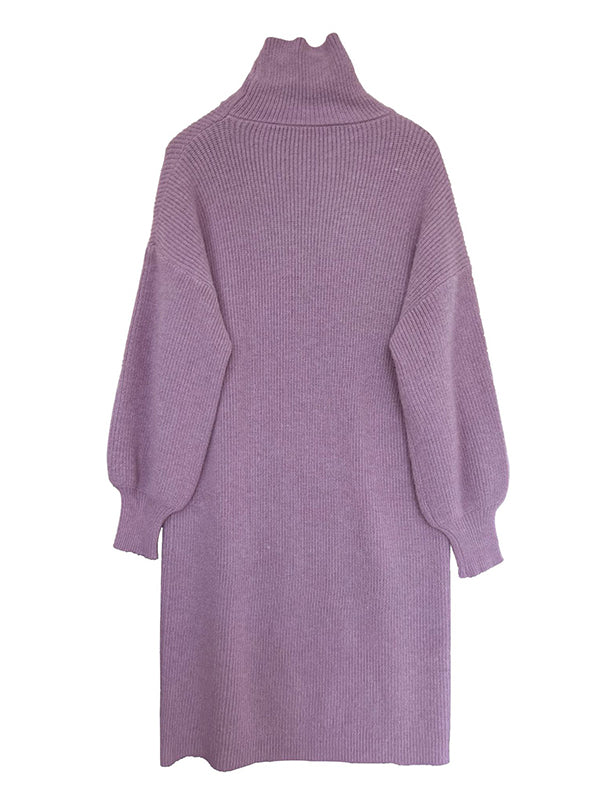 Urban Loose Purple High-Neck Long Puff Sleeve Sweater Dress AN1052