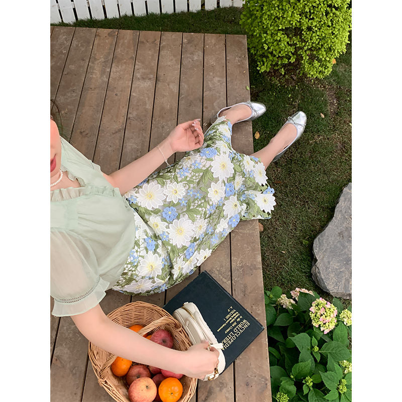 Floral Green Straight Skirt Embroidery Elegant
