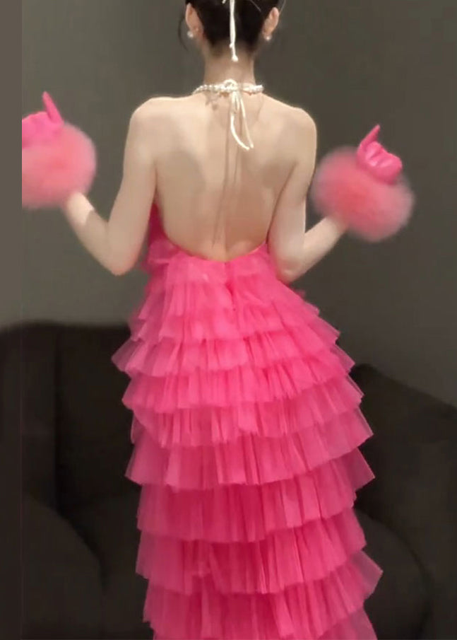 Sleeveless Pleated Solid Rose Dresses Beautiful Backless