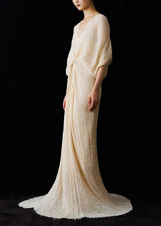 Dress Italian Wrinkled Ankle Lace Summer Up V Neck