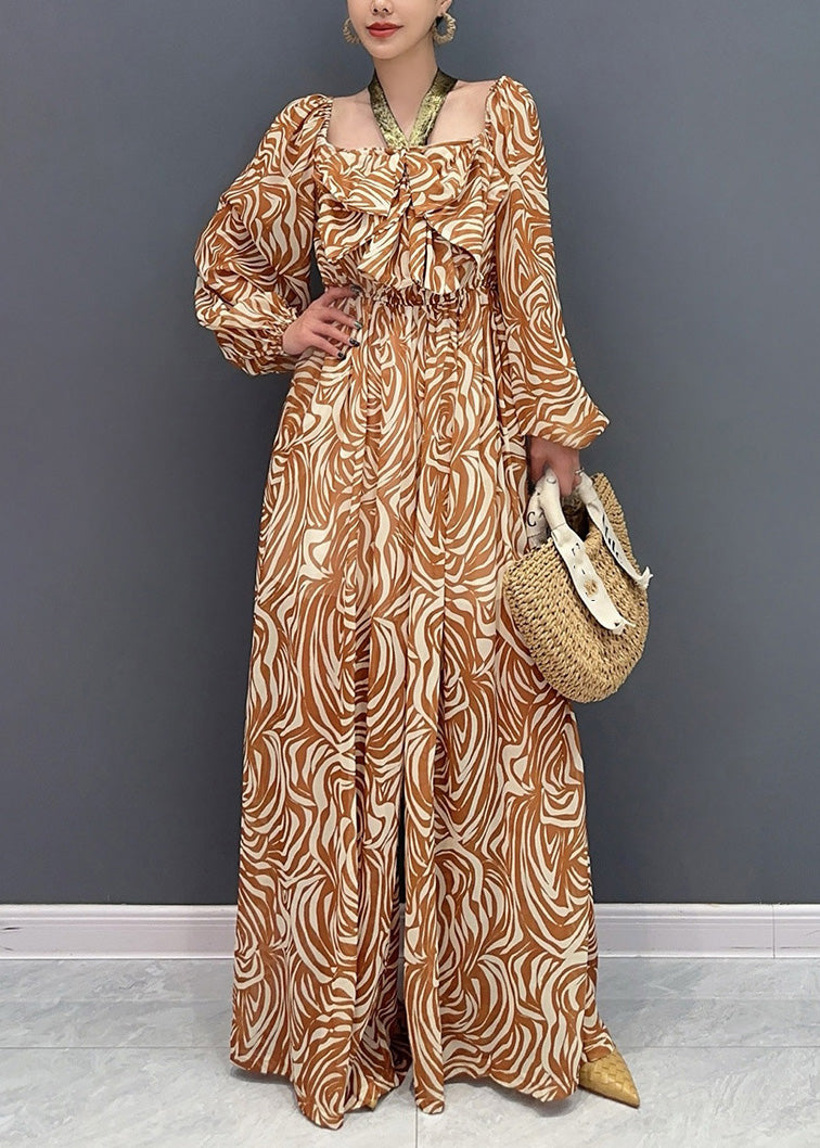 Combinaison en mousseline de soie froissée à imprimé café fantaisie à manches longues AO1045