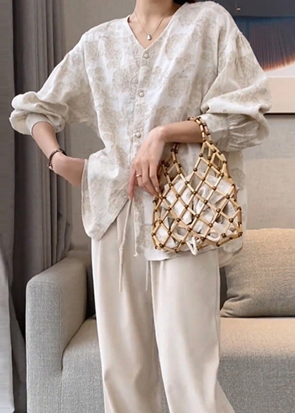 Shirts Cotton Neck V Button Spring Jacquard Casual Apricot