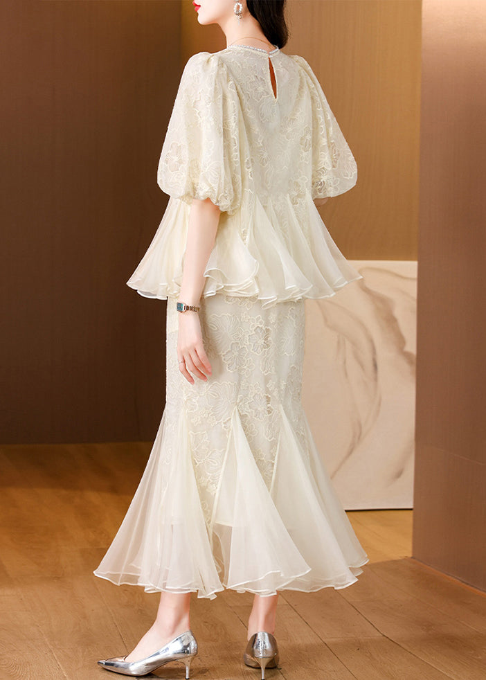 Two Skirt And Tops Fishtail Silk Beige Embroidered Chic Pieces