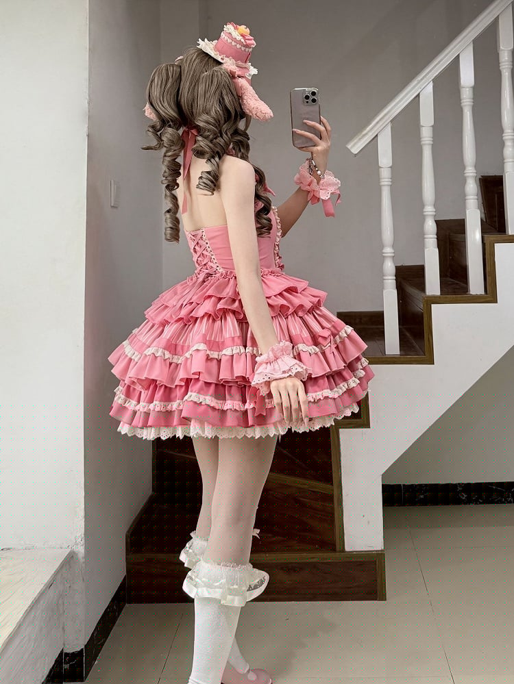 Dress Lolita Idol Accents Pink Rose Ruffle Bow Tiered Neck Sweet Halter Skirt