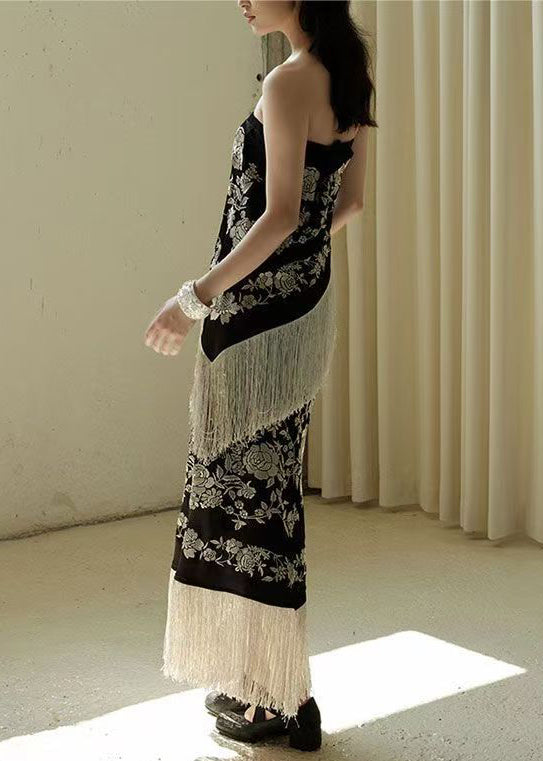 Black Novelty Dresses Sleeveless Waist Patchwork High Tasseled