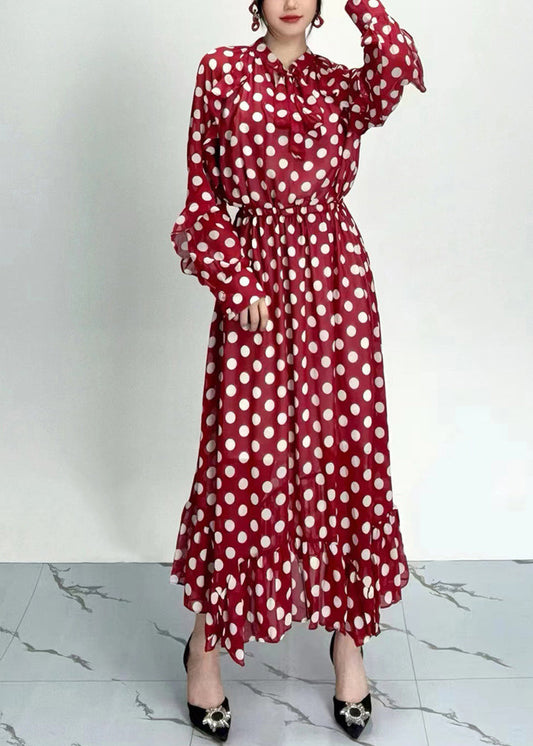 Organic Red Dot Print Ruffled Chiffon Dresses Long Sleeve AO1054