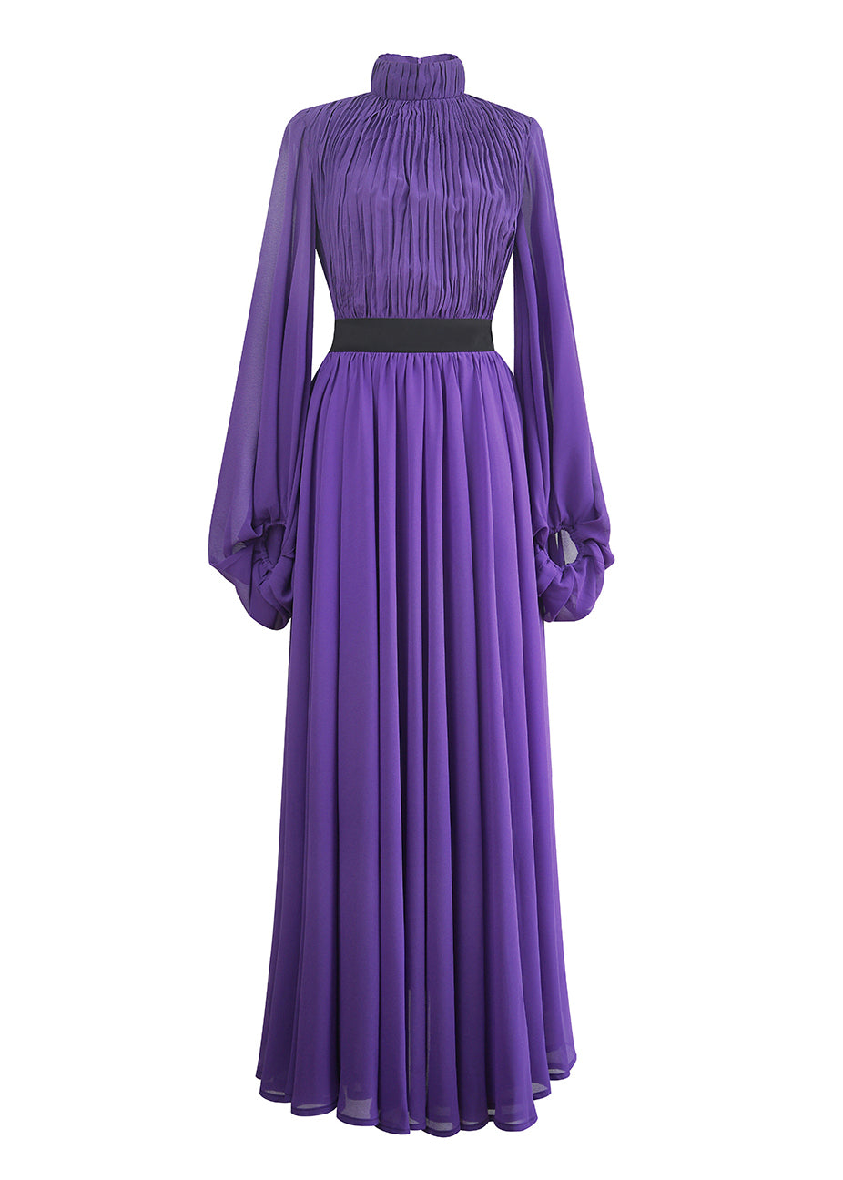 Wrinkled Purple Lantern Collar Silk Stand Italian Long Dresses