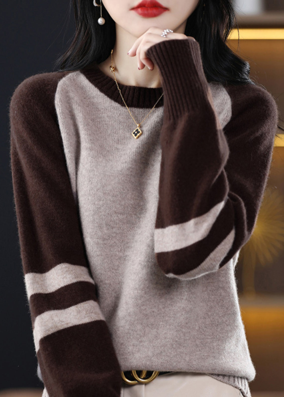 French Black Striped Patchwork Cashmere Knit Sweater Fall QP025