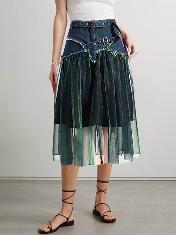 Denim A-Line Green Belted Skirt High Tulle Waisted Shiny Chic