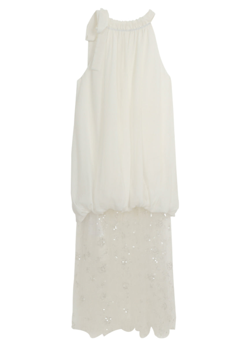 Fine White Wrinkled Patchwork Tulle Holiday Dress Sleeveless AZ1029