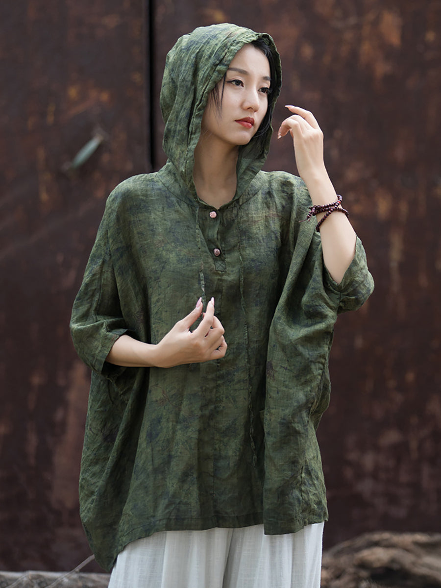 Women Summer Retro Solid Loose Hooded Ramie Shirt CC045