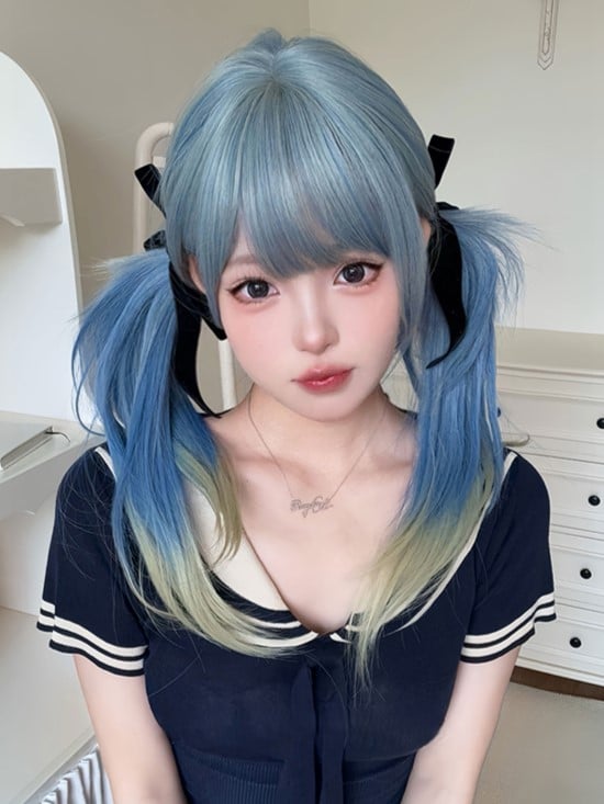 Air Hair 65CM With Bangs Length Cut Wig Color Blue Ombre Straight Hime