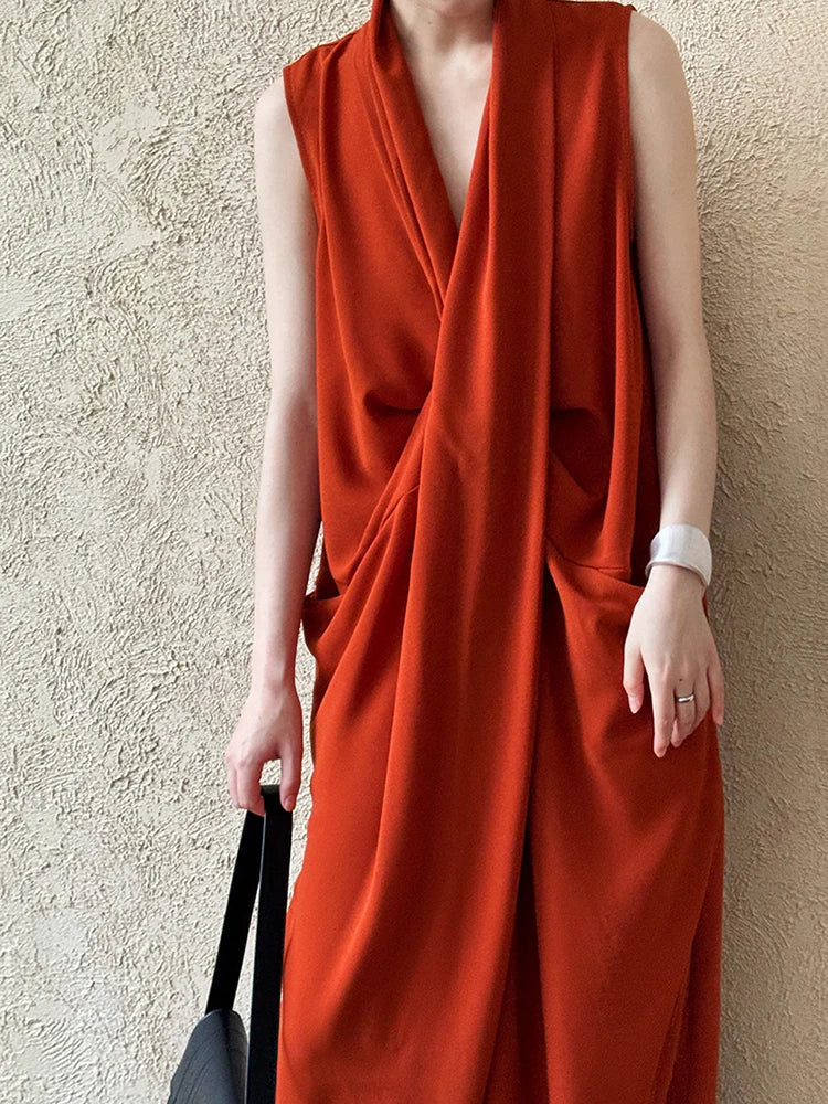 Elegant Sleeveless Midi Draped with Dress Pockets