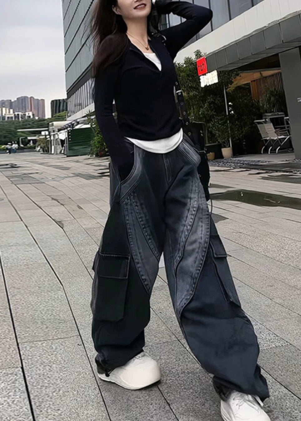 With Oversized Spring Denim Black Classy Pants Pockets