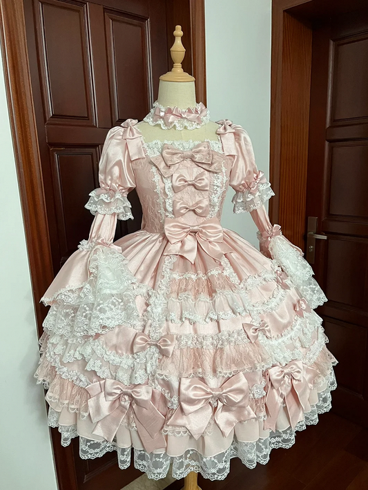 Waist Bow Princess Accents Sweet Sleeves Dress Lolita High Pink with Detachable