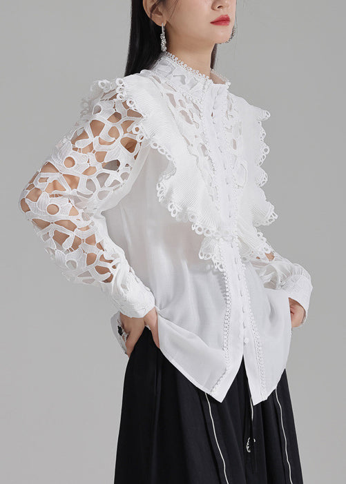 Button Shirts Stylish Cotton Out Spring White Hollow