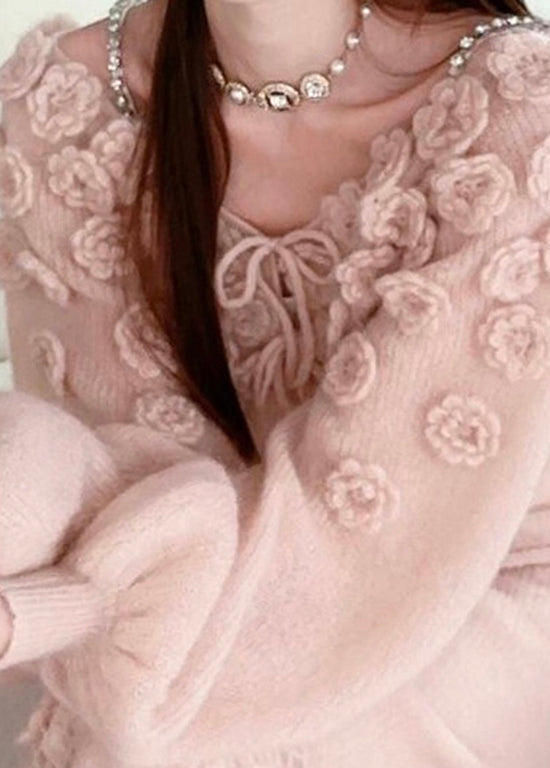 Beautiful Pink Floral Lace Up Knit Sweaters Fall RY014