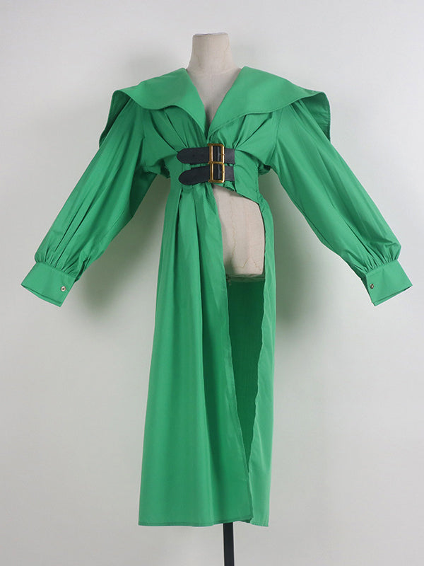 High Belted Pleated Lapel Long Black Asymmetric Waisted Modern