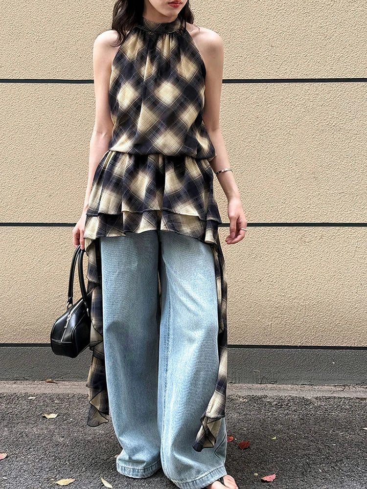 Khaki Top Plaid Asymmetric Halter Sleeveless Neck Uniaue High-Low