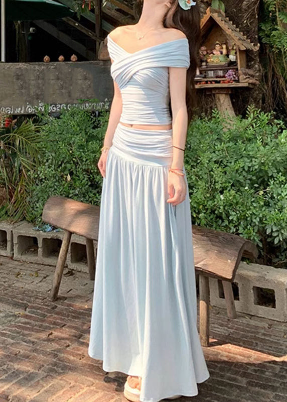 Wrinkled Summer Skirts Set Pieces Tops Art Two And Beige Cotton