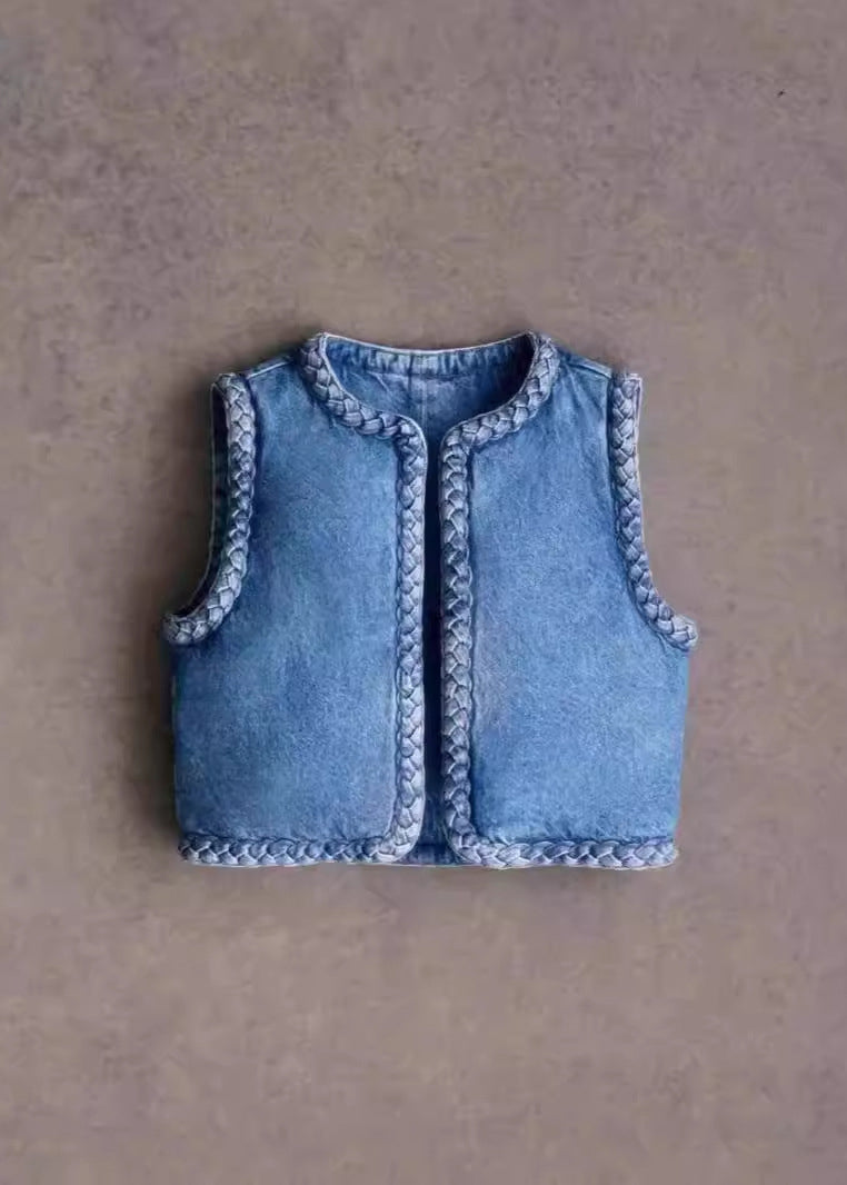 Bohemian Filled Fine Cotton Vest Neck Blue Sleeveless Denim O
