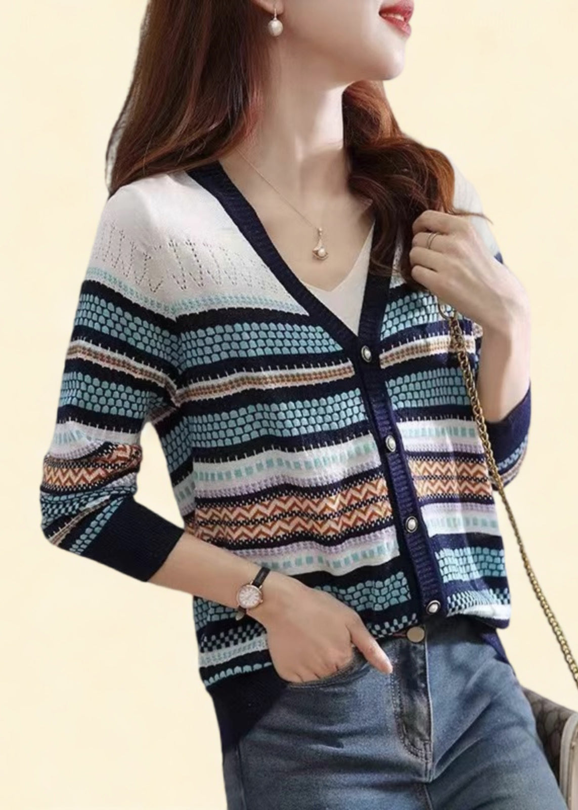 Women Colorblock V Neck Striped Patchwork Button Knit Cardigans Fall QP010