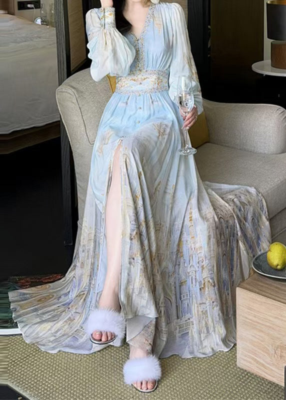 Blue Maxi Chiffon Dresses Stylish V Spring Waist High Neck Print