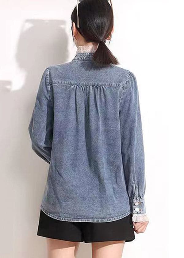 French Blue Stand Collar Asymmetrical Patchwork Lace Cotton Denim Coats Long Sleeve AJ1005