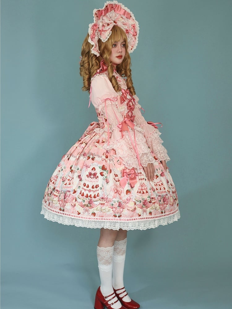 JSK Sweet Lolita Pink Desserts Set / Print and Full Bow Strawberry Accents