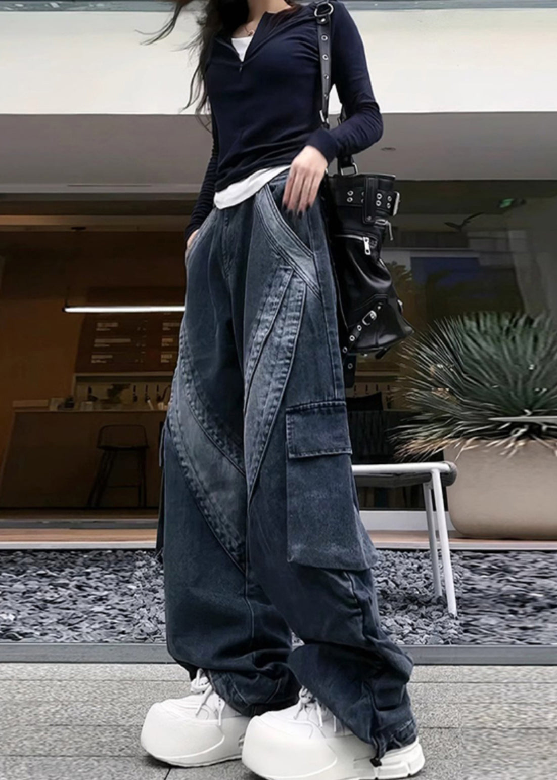 With Oversized Spring Denim Black Classy Pants Pockets
