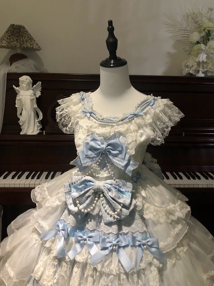 White Decoration and Blue Tiered Lolita Dress Hime Skirt Bows Hanayome
