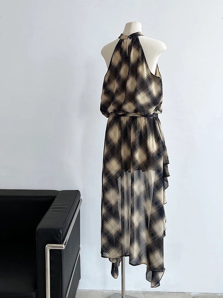 Khaki Top Plaid Asymmetric Halter Sleeveless Neck Uniaue High-Low