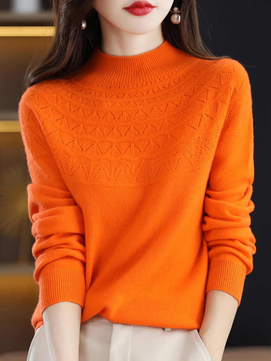 Women Autumn Solid Cable Knit 100%Wool Half Turtleneck Sweater QN017