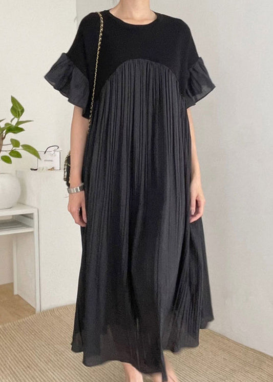 Patchwork Black Dress Oversized Women Butterfly Pleated Sleeve
