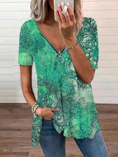 V neck Short Sleeve Printed Casual Tops ap92