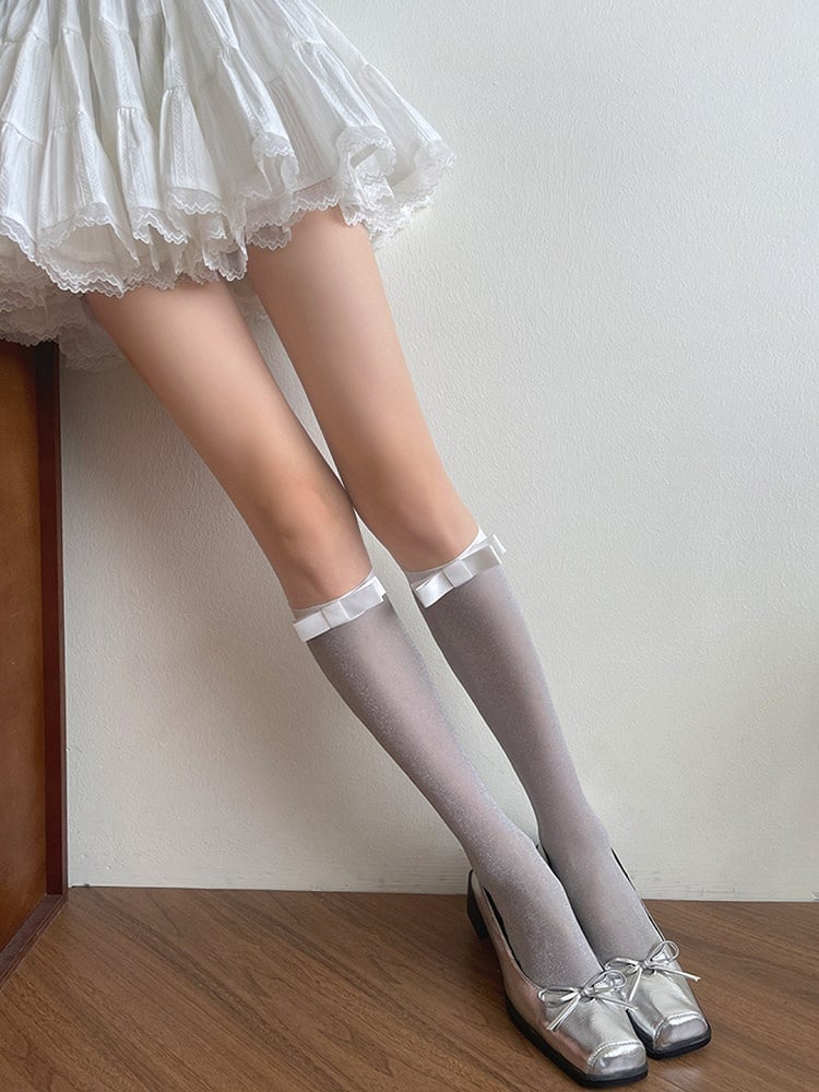 Grey/Black Bowknot Underknee Details Semi-sheer Light Stockings