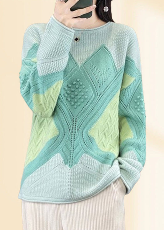 Beautiful Green O-Neck Plaid Cotton Knit Sweaters Fall QP018