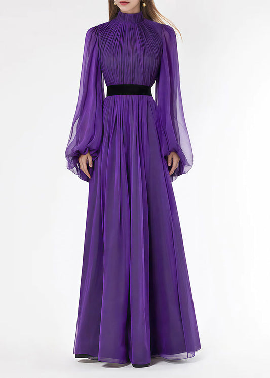 Wrinkled Purple Lantern Collar Silk Stand Italian Long Dresses