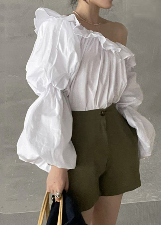 Blouse Shoulder Cotton French Cold Puff Top White Sleeve